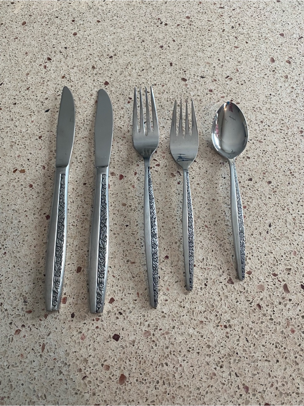 Set of 5 Vintage Coventry Bouquet Japan Floral-Pattern Stainless Flatware.